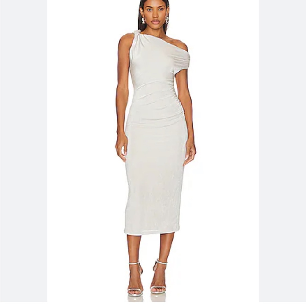 Misha Nyra Stretchy Jersey Ruched Dress in Silver Cloud, New, Sz M, New